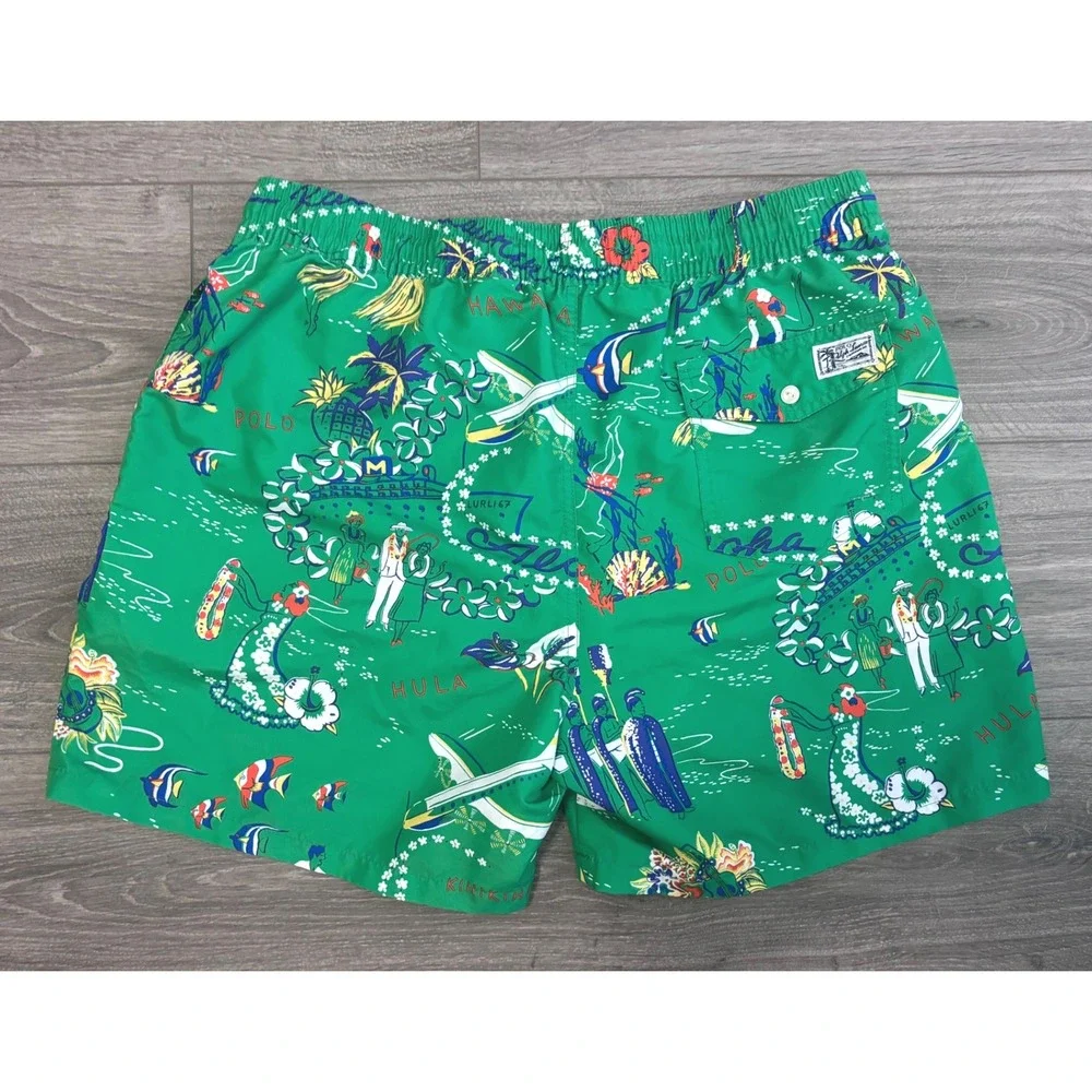 Polo Ralph Lauren Swim Shorts XL Green Hawaiian‎ Hula Tropical Trunks Beach Pool